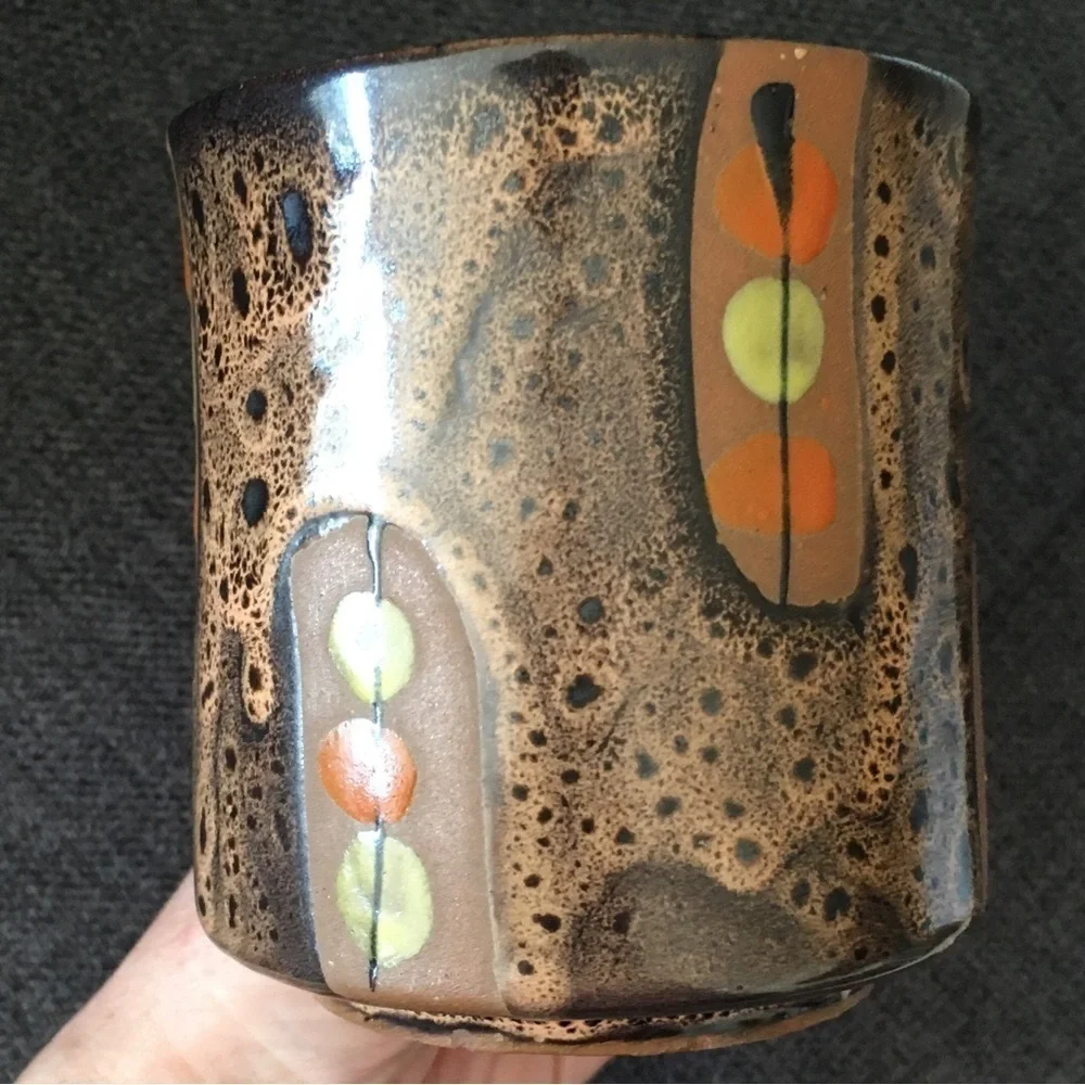 Handmade Mug in Neutral + Neon Artistic Splatter Pattern, Brown, Orange, 10oz